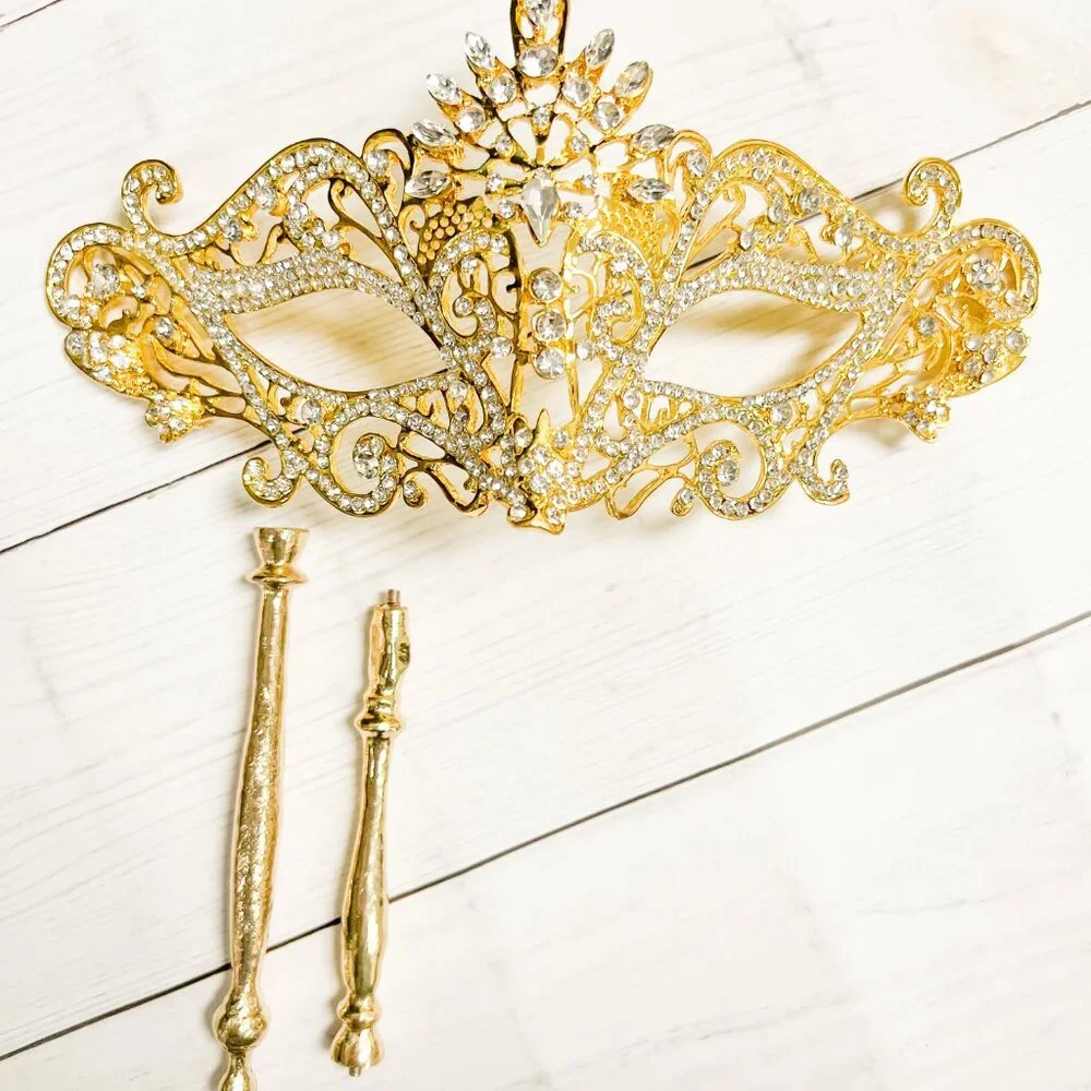 Clear Crystal Masquerade Mask with Stick, Gold Masquerade Mask, Wedding Party - Picture 6 of 6